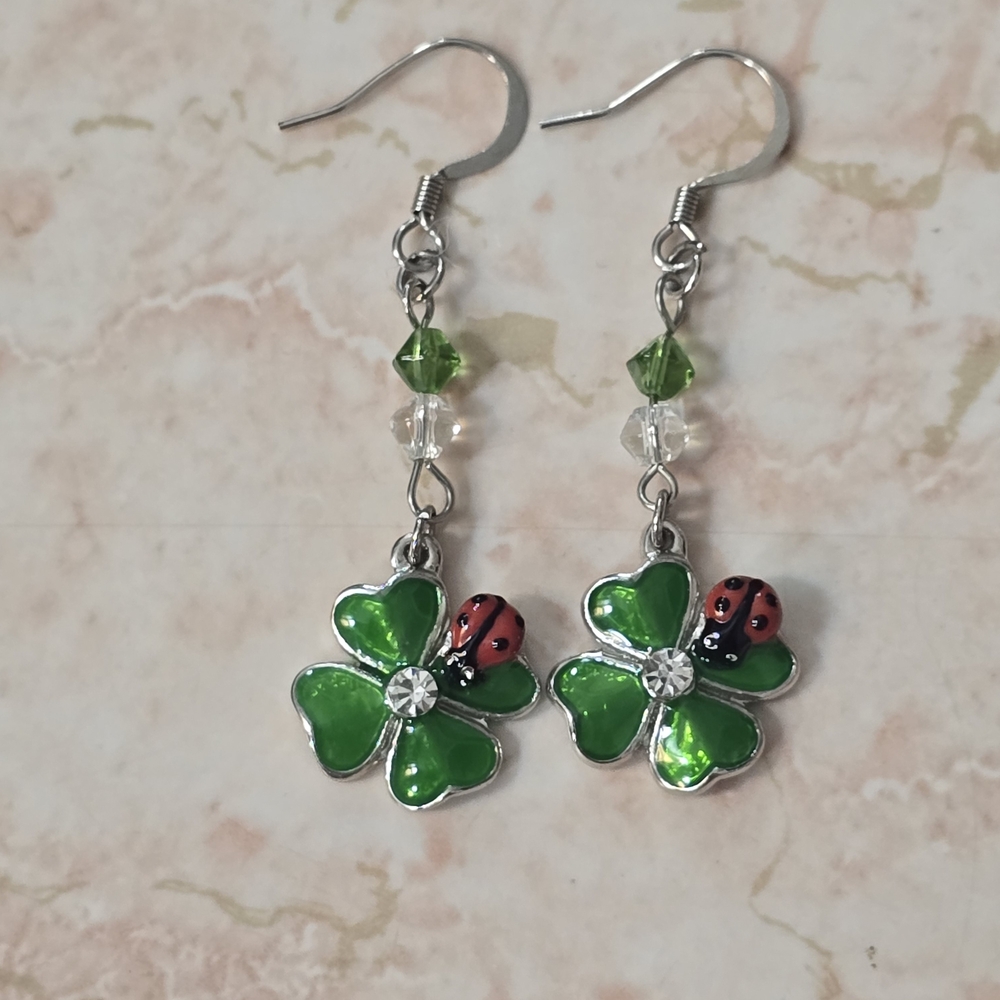 Green Clover Earrings with Ladybug Charm